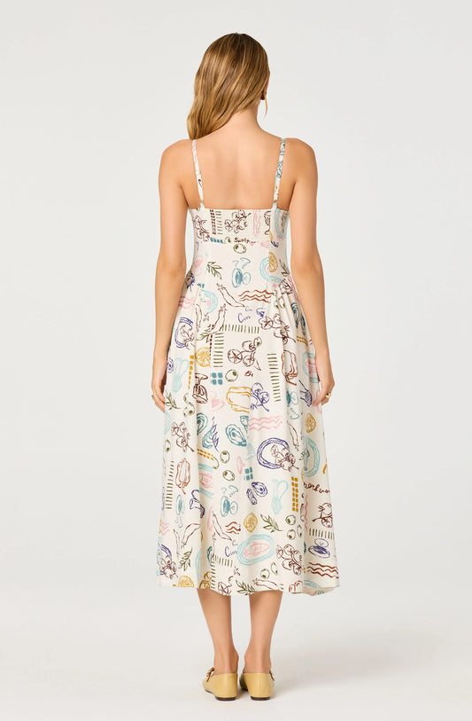 Ansley Novelty Print Linen Midi Dress - Off White Picnic