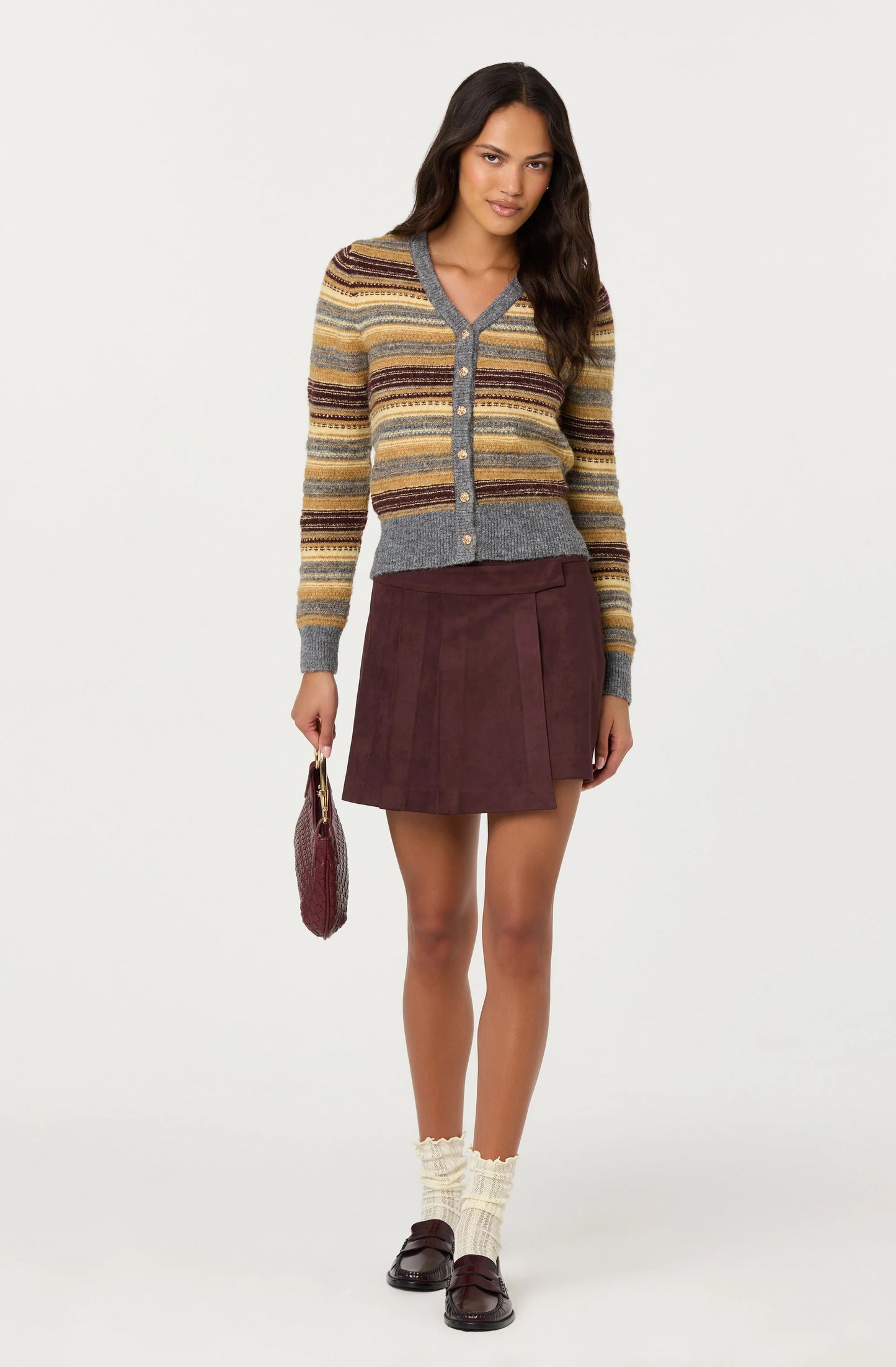 Theodora Faux Suede Pleated Skirt - Eggplant