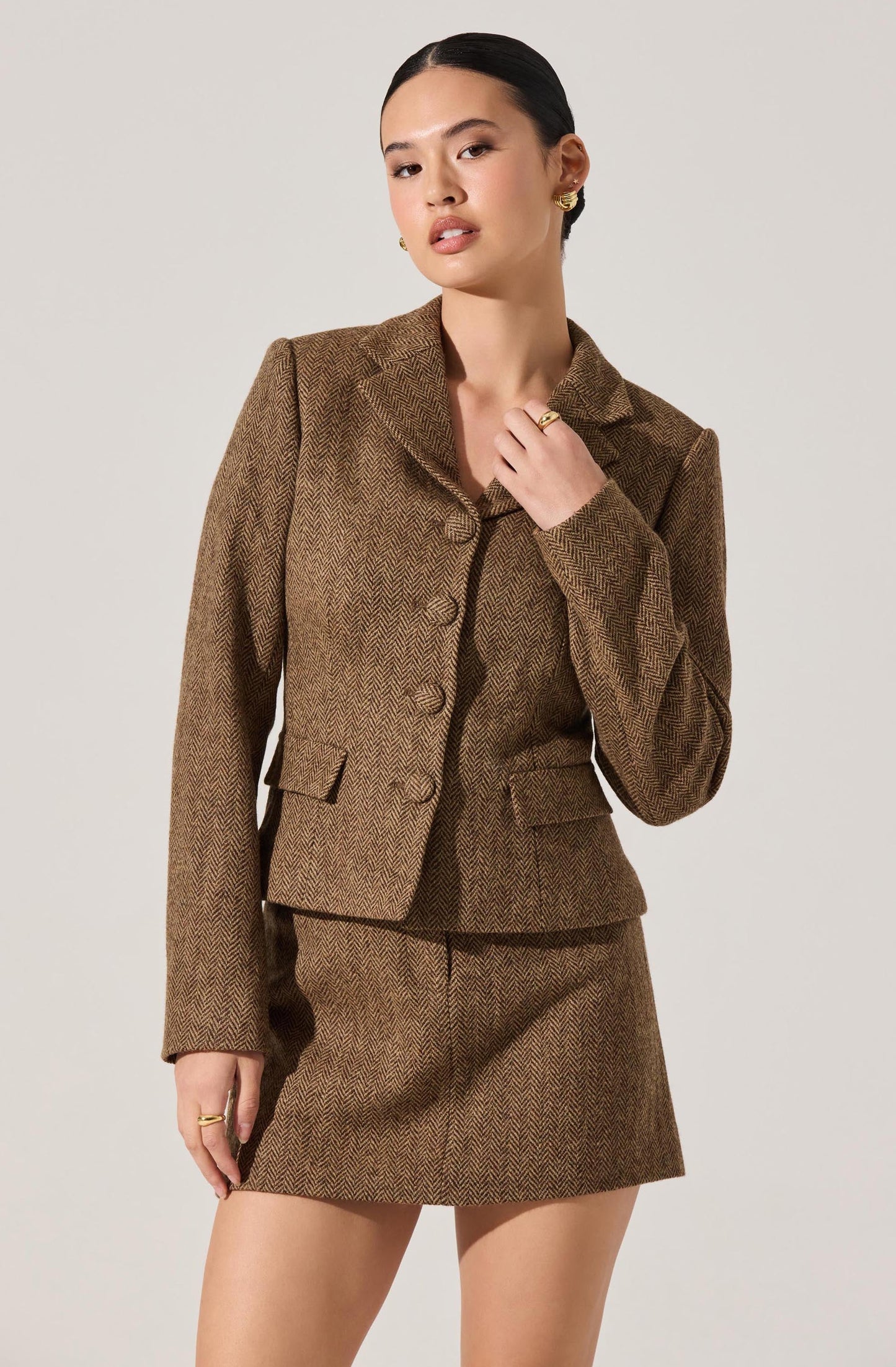 Bella Tailored Mini Skirt - Brown Herringbone