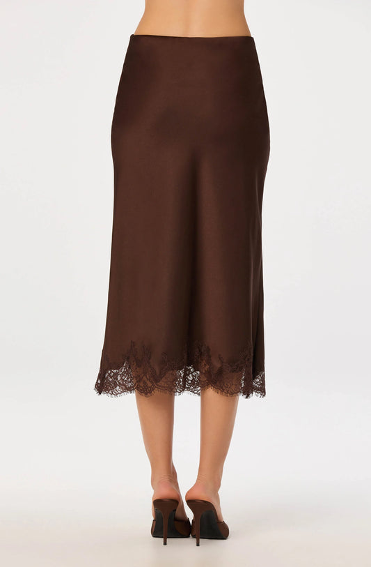 Blossom Satin Lace-Trim Midi Skirt in Brown