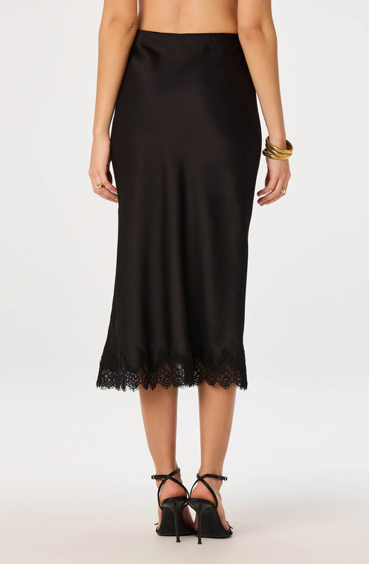 Blossom Satin Lace-Trim Midi Skirt in Black