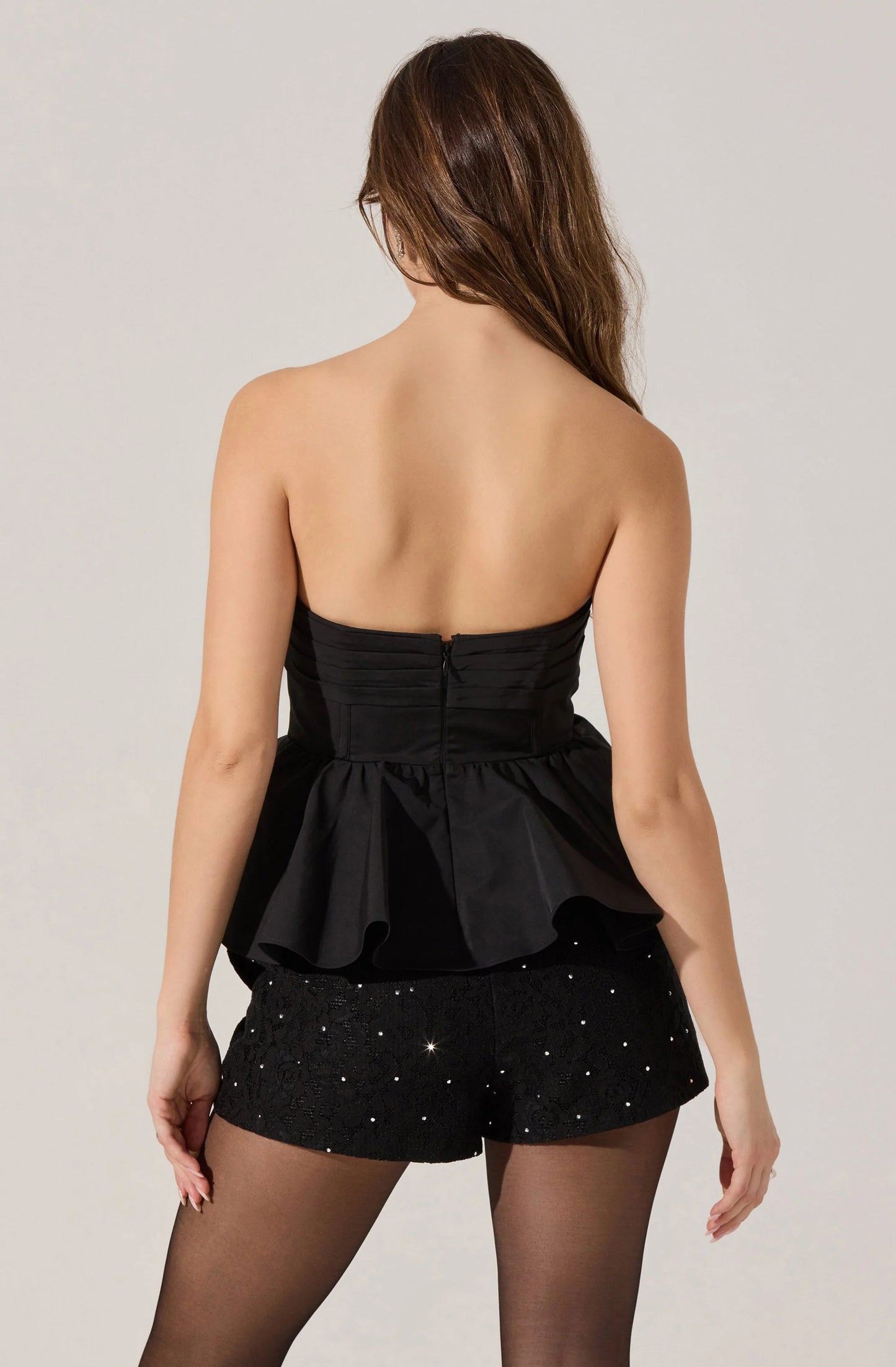 Melia Strapless Pleated Peplum Top - Black