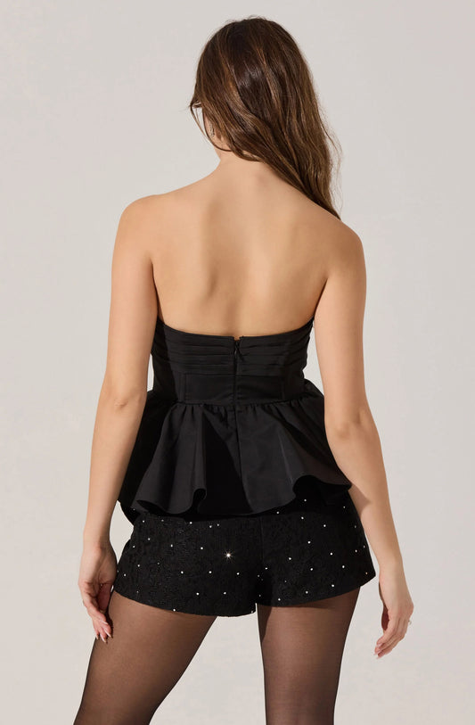 Melia Strapless Pleated Peplum Top - Black