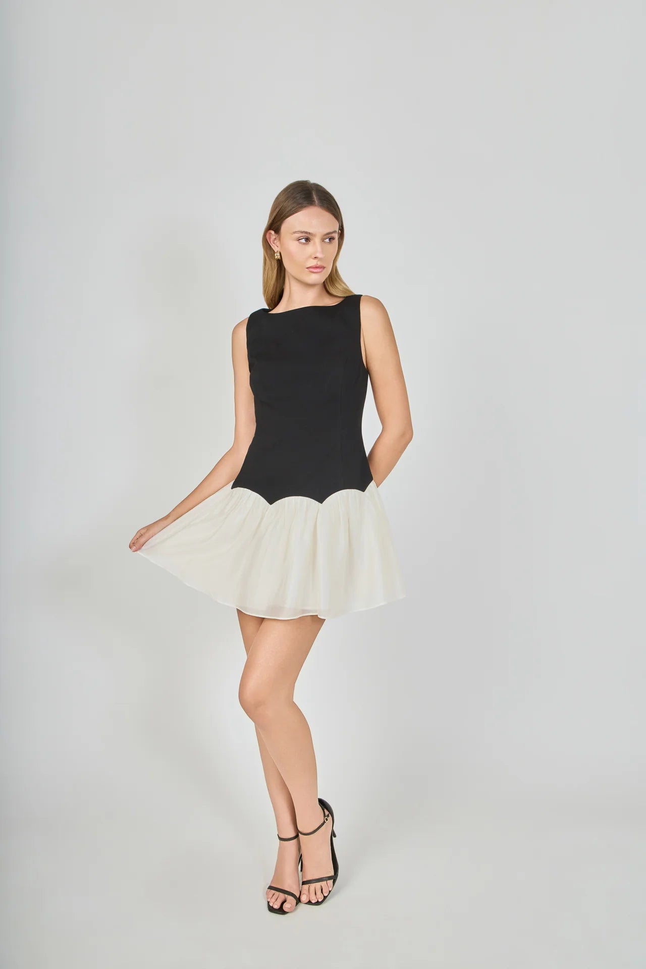 Combo Skirt Boat Neck Mini Dress BLACK/CREAM / XS