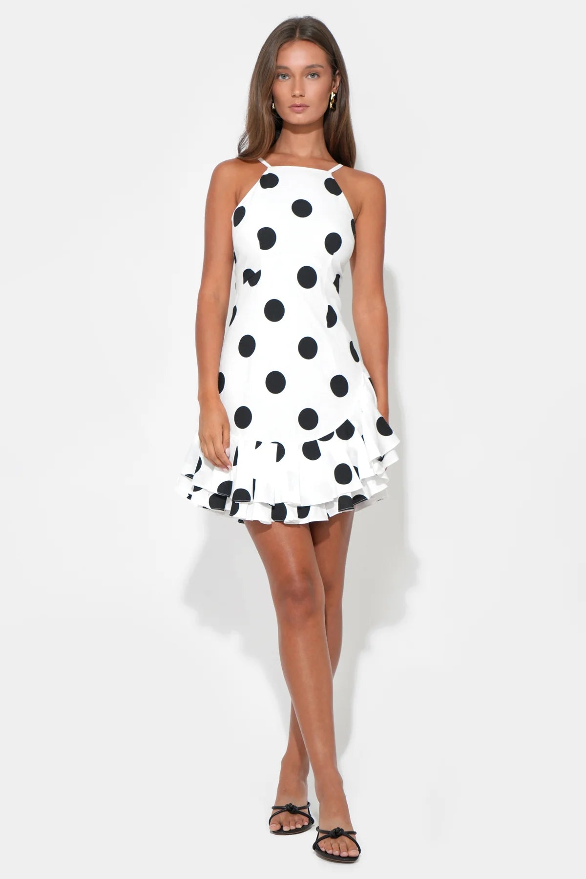 Briana Halter Ruffle Linen Dot Mini Dress - White/Black - Spinout
