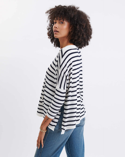 Catalina Crewneck Sweater - White/Navy Stripes