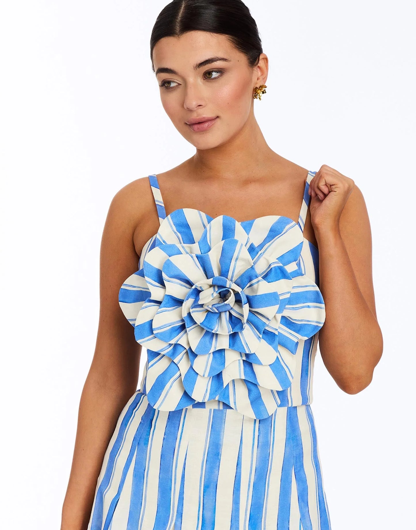 Dominique Flower Top - Blue/Ivory Santorini Stripe