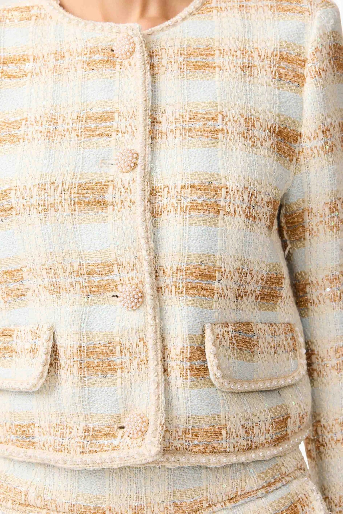 Ashlyn Long Sleeve Tweed Jacket in White & Gold