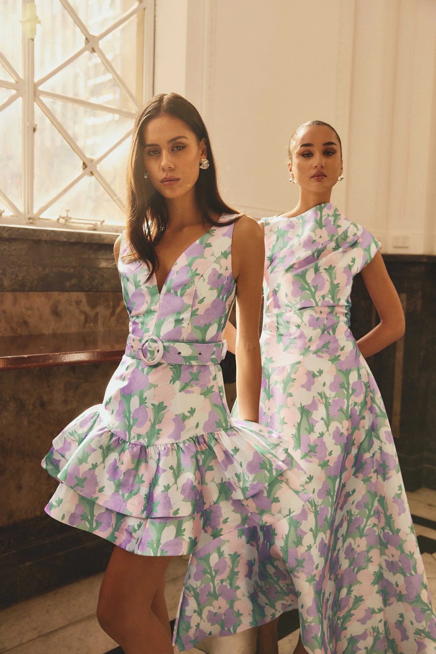 Lavina V-Neck Mini Dress in Green & Purple Floral