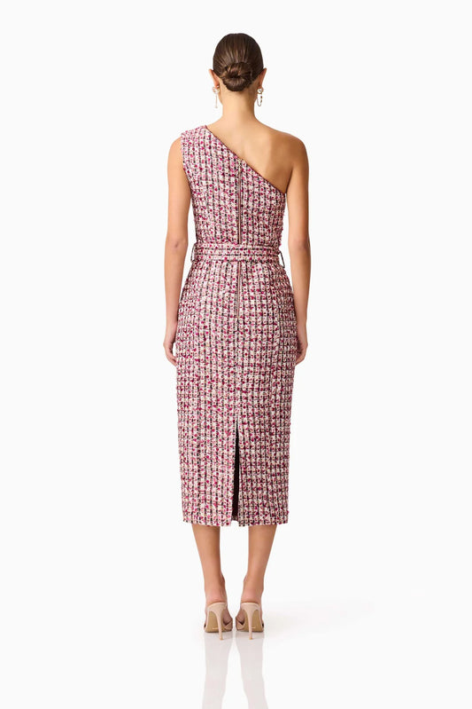 Bianca One Shoulder Tweed Midi Dress in Red