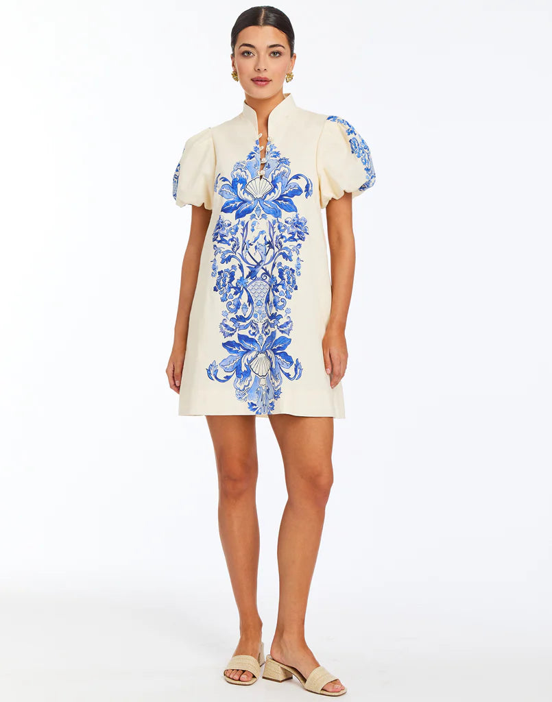 Mestiza - Elliana Printed Mini Dress - Blue/Ivory Mermaid Trellis