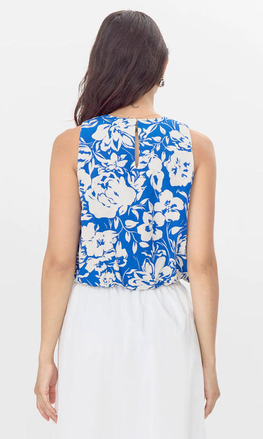 Devon Print Bubble Blouse - Blue/Cream