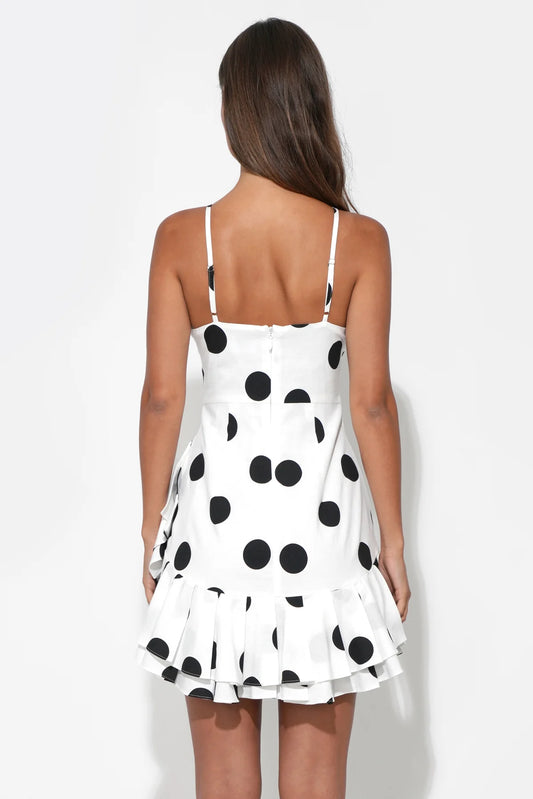 Briana Halter Ruffle Linen Dot Mini Dress - White/Black