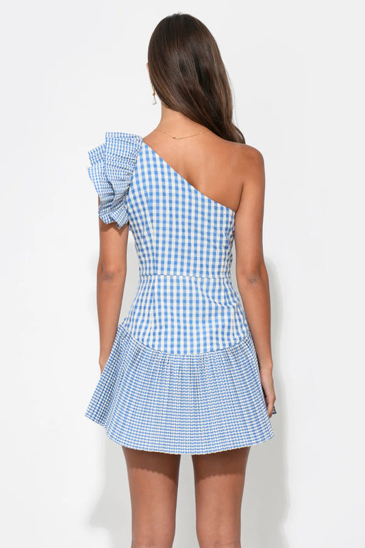 Ava One Shoulder Gingham Mini Dress - Powder Blue