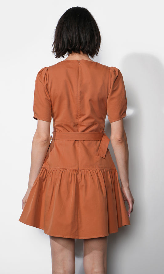 Hayden Puff Sleeve Belted Flare Dress - Clay