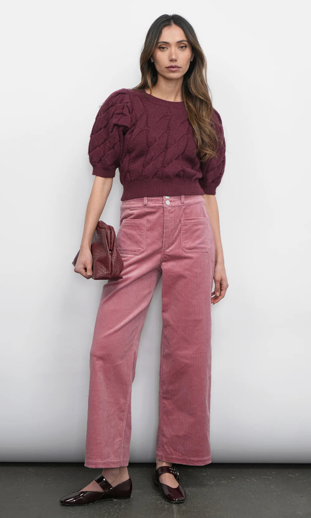 Hallie Cable Knit Puff Sleeve Sweater Top - Aubergine