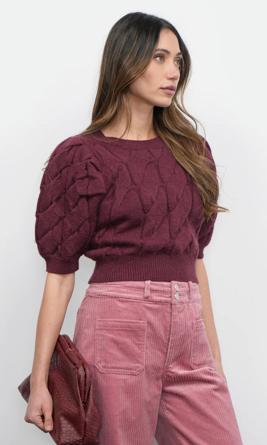 Hallie Cable Knit Puff Sleeve Sweater Top - Aubergine