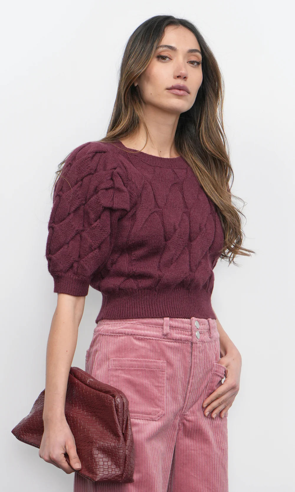 Hallie Cable Knit Puff Sleeve Sweater Top - Aubergine
