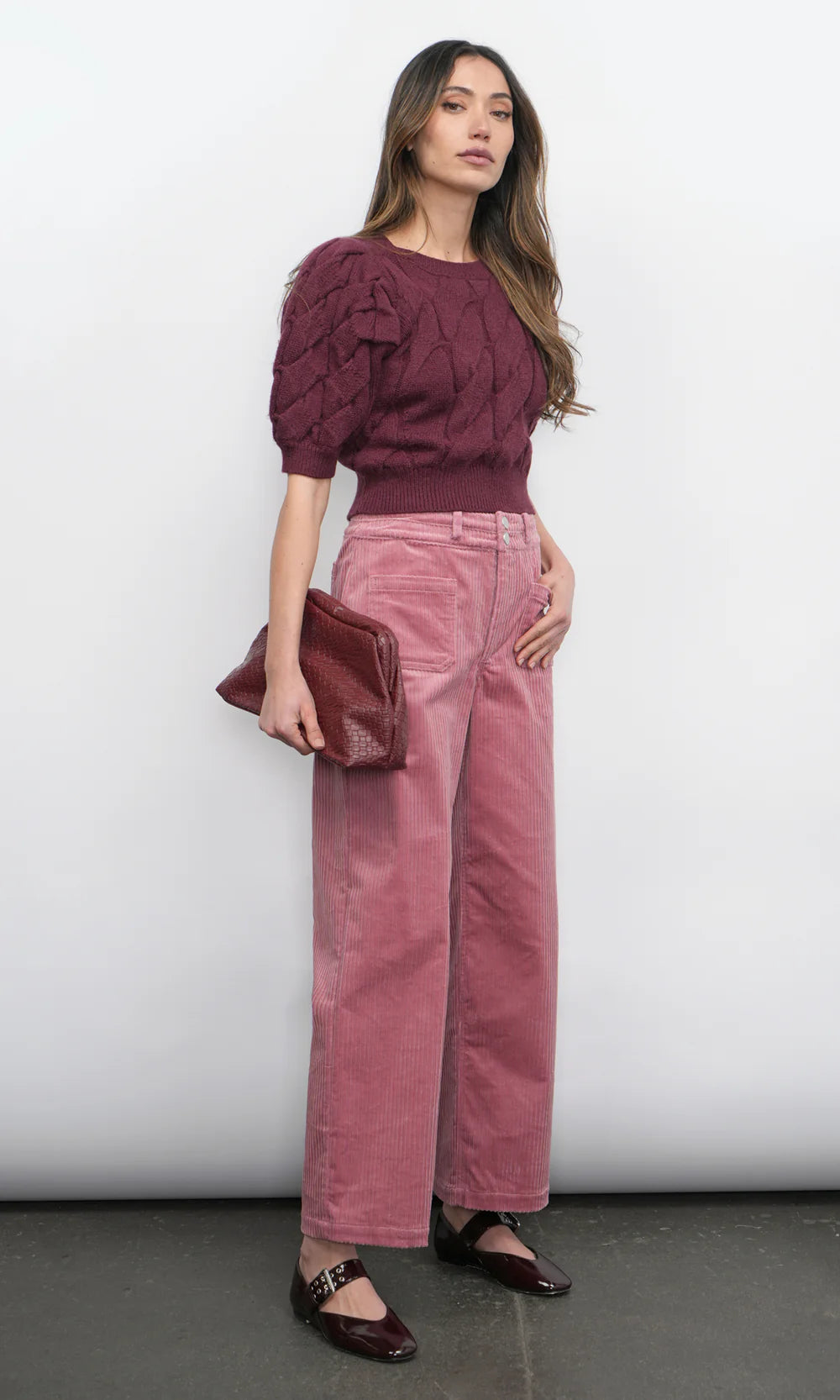 Hallie Cable Knit Puff Sleeve Sweater Top - Aubergine