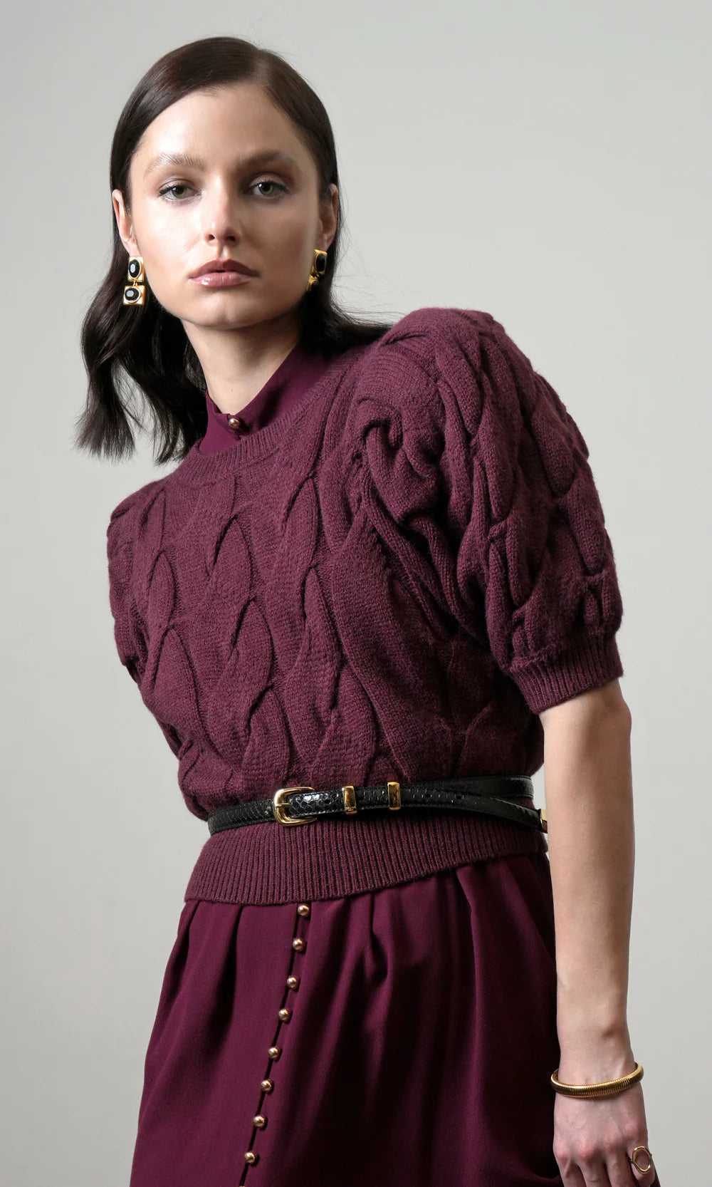 Hallie Cable Knit Puff Sleeve Sweater Top - Aubergine