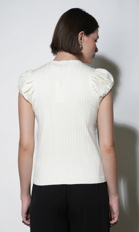 Austen Puff Cap Sleeve Rib Knit Top - Ivory