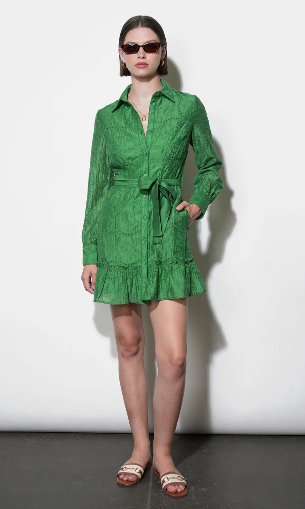 Tabitha Embroidered Cinched Waist Mini Dress - Retro Green