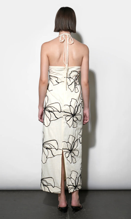 Josie Large Embroidery Floral Halter Midi Dress - Ivory/Black