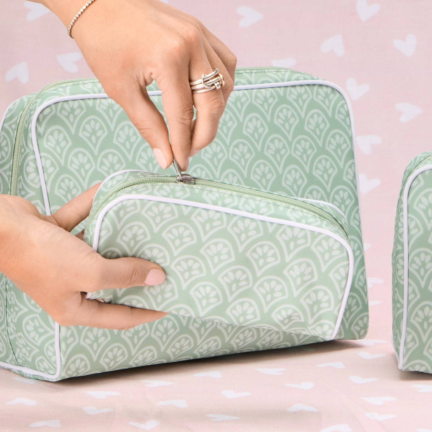 Small Patterned Toiletry Bag - Green Block Print