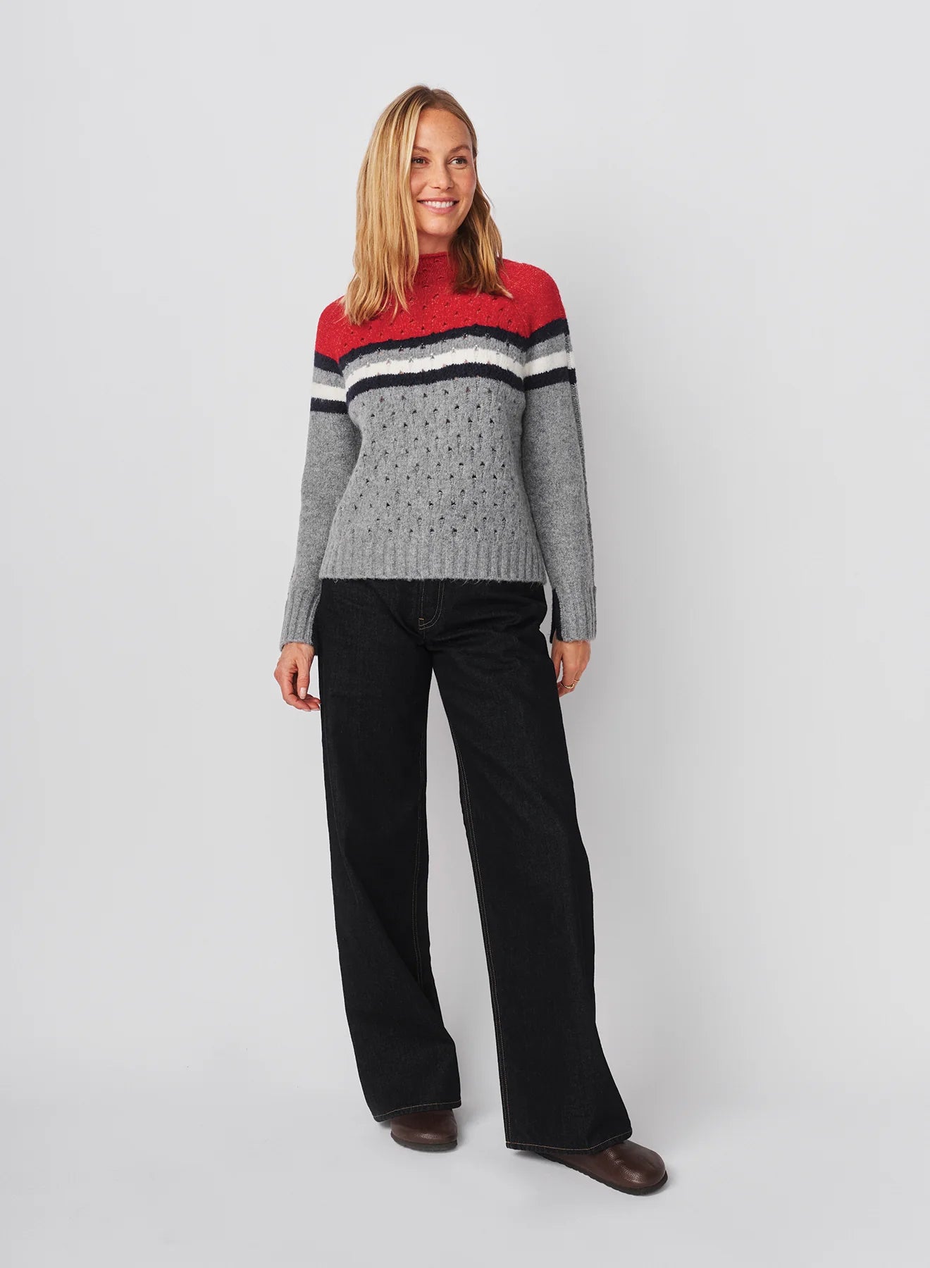 Funnel Neck with Chest Stripes & Cables Sweater in Heather Grey