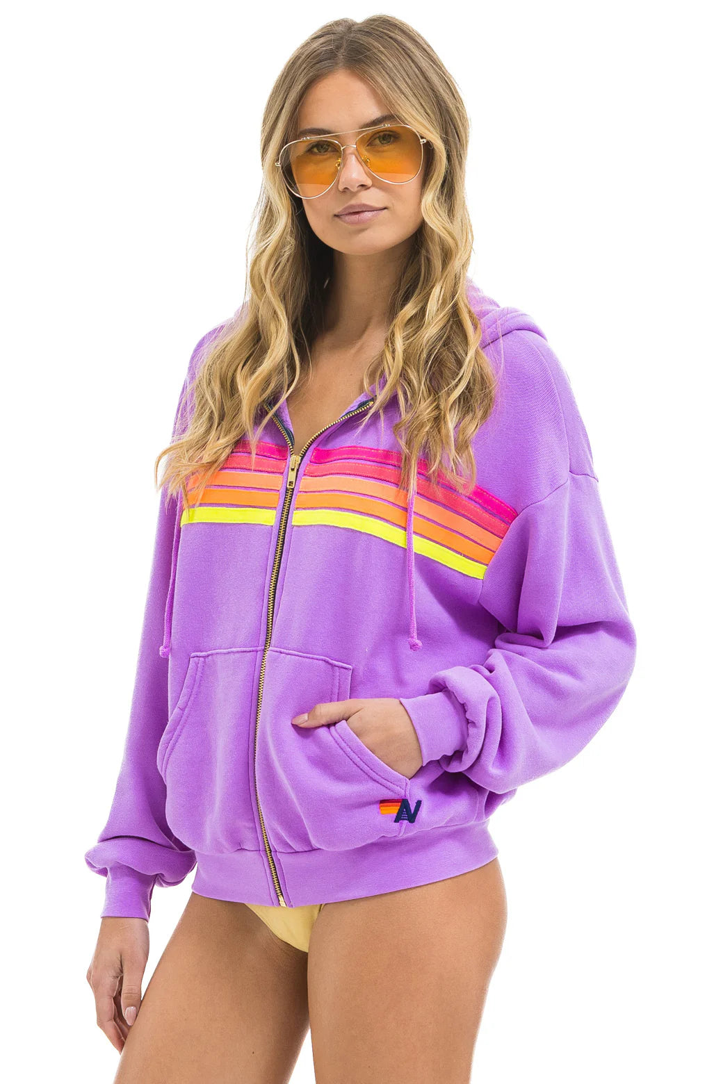 5 Stripe Zip Hoodie - Neon Purple / Neon
