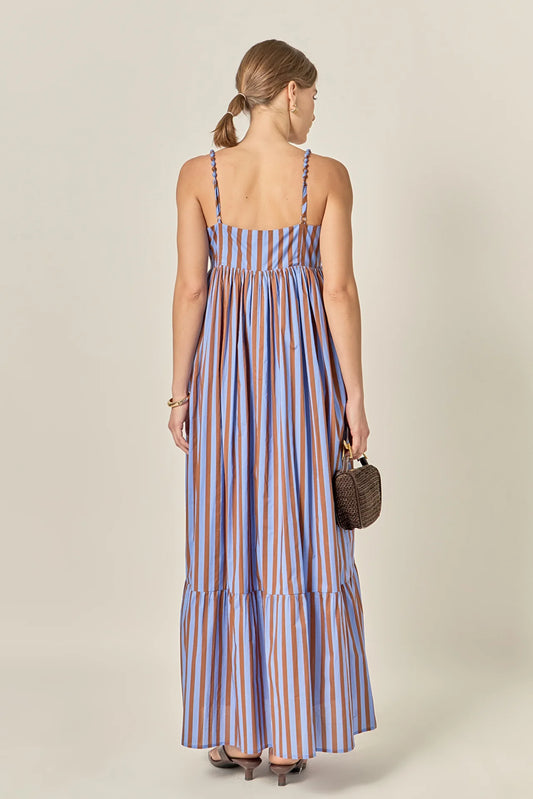 Bold Stripe Beaded Strap Maxi Dress - Blue/Brown Stripe