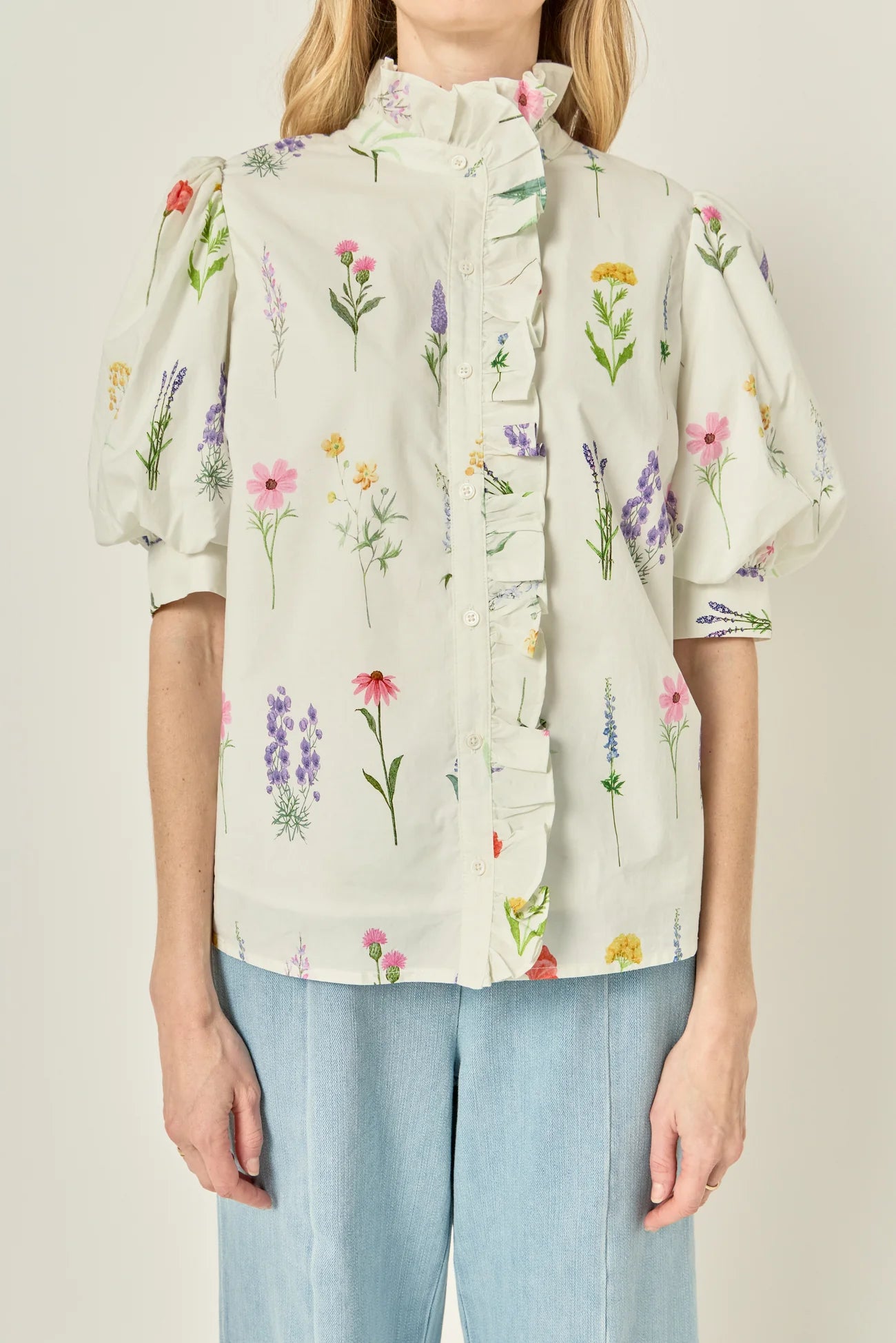 Ruffle Neck Button Down Blouse - White Multi