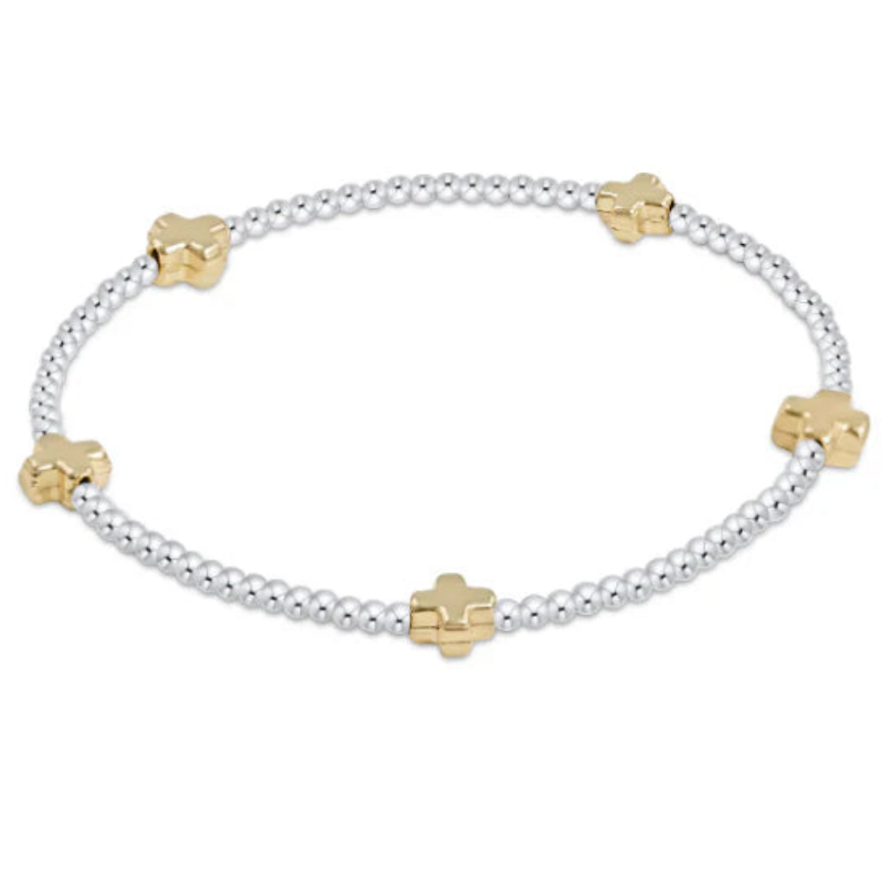 eNewton - Signature Cross Sterling Mixed Metal Pattern 2mm Bead Bracelet - Gold