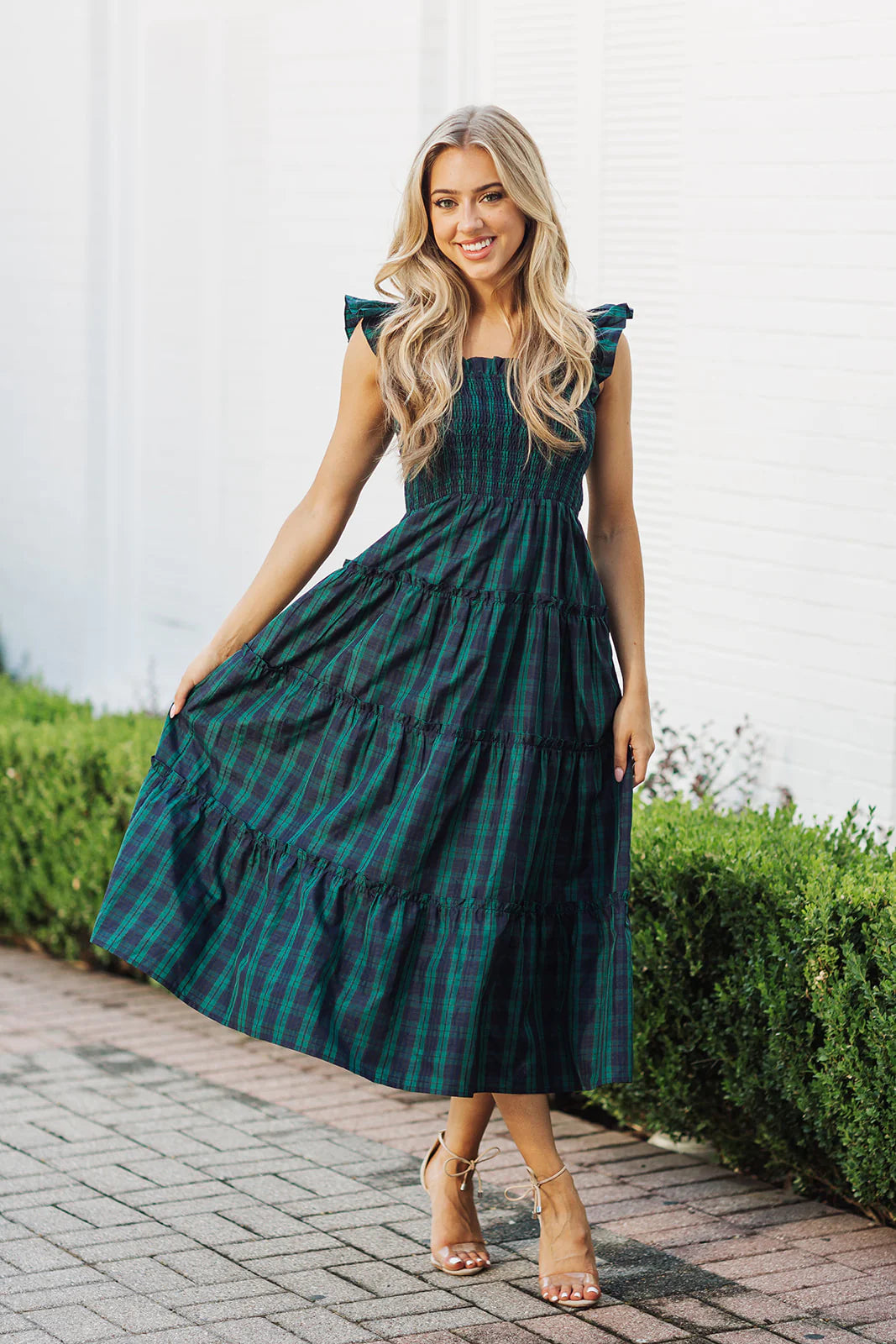 J.Marie - Joyce Ruffle Strap Midi Dress - Hunter Green Gingham