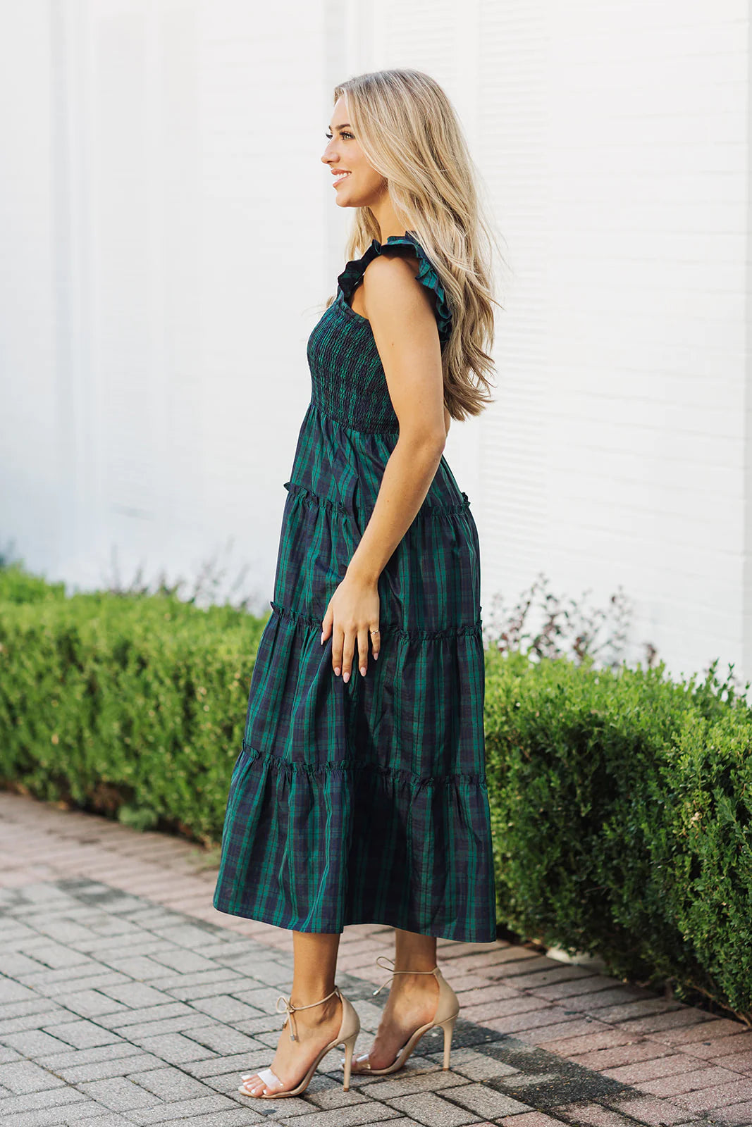 J.Marie - Joyce Ruffle Strap Midi Dress - Hunter Green Gingham