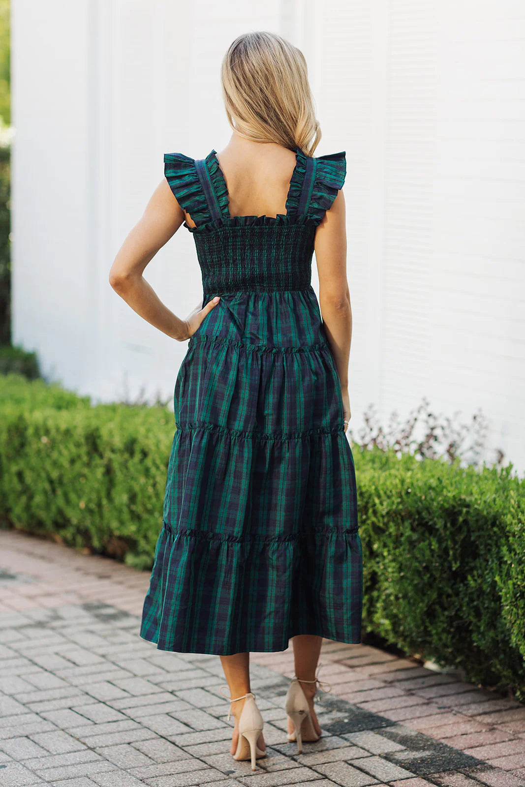 J.Marie - Joyce Ruffle Strap Midi Dress - Hunter Green Gingham