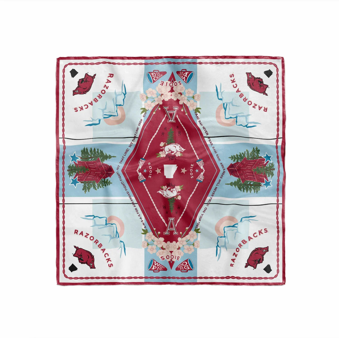 Arkansas Razorbacks Saturday Silk Scarf showcasing bold Razorback logos, vibrant red and white colors, intricate Arkansas-inspired designs, and spirited patterns perfect for game day.