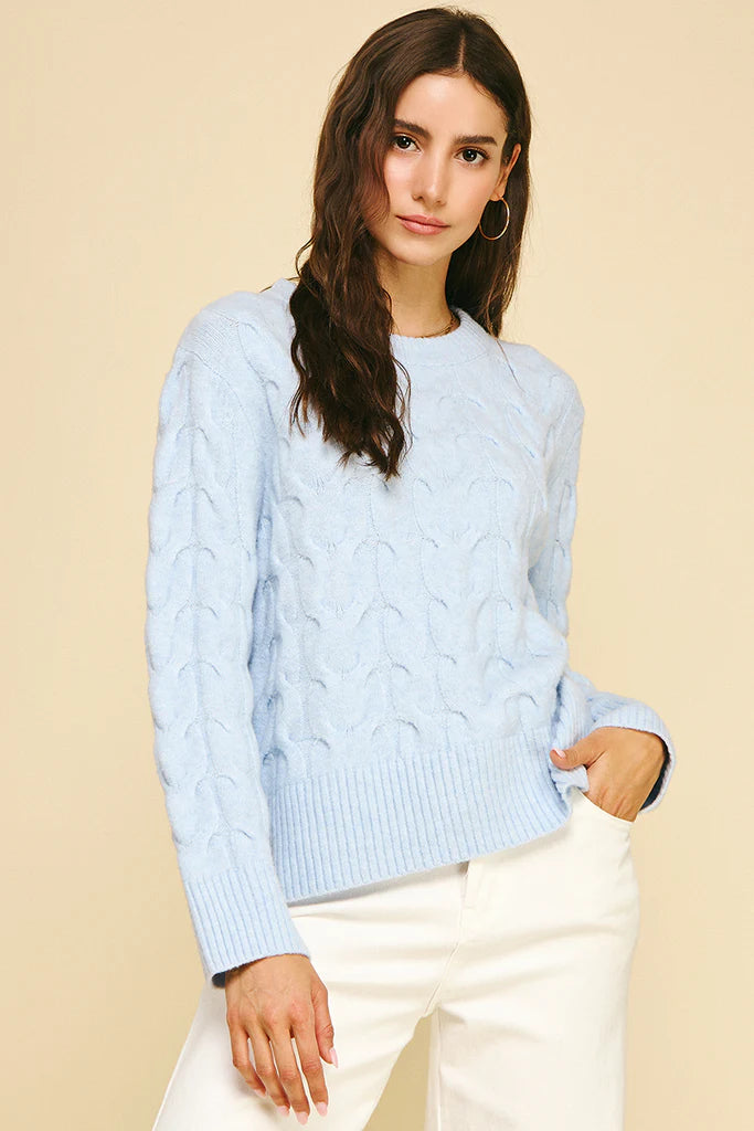 Cable Knit Crew Neck Sweater - Baby Blue