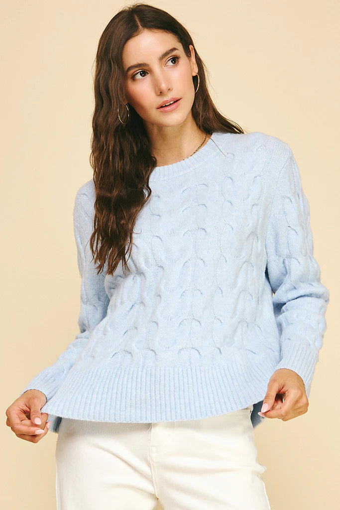 Cable Knit Crew Neck Sweater - Baby Blue