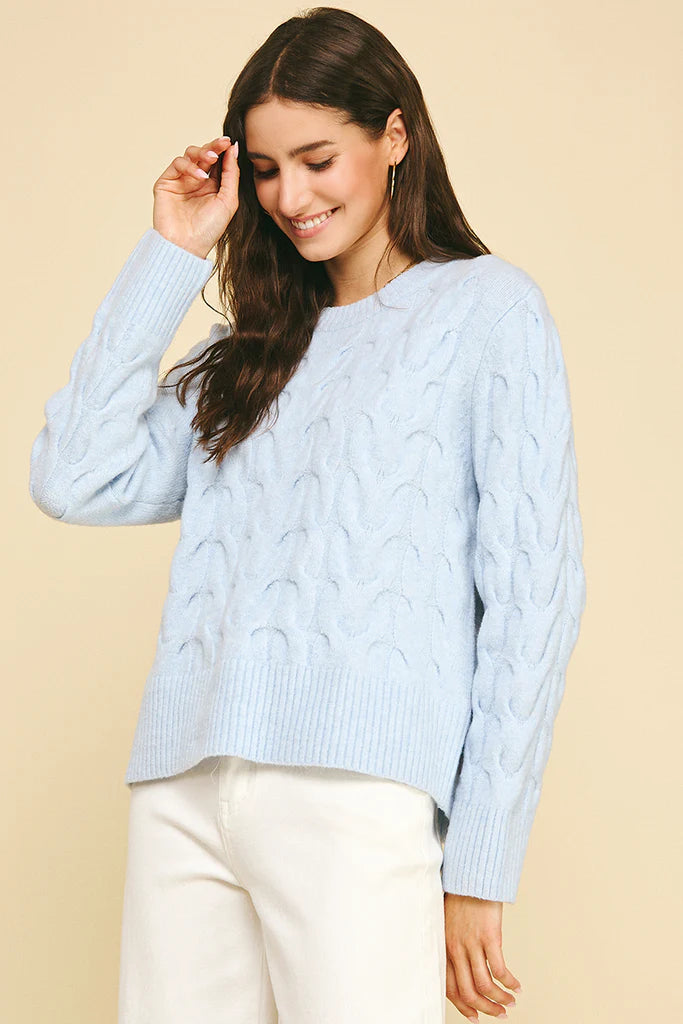 Cable Knit Crew Neck Sweater - Baby Blue