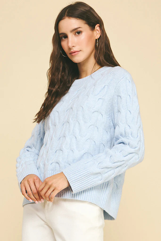 Cable Knit Crew Neck Sweater - Baby Blue
