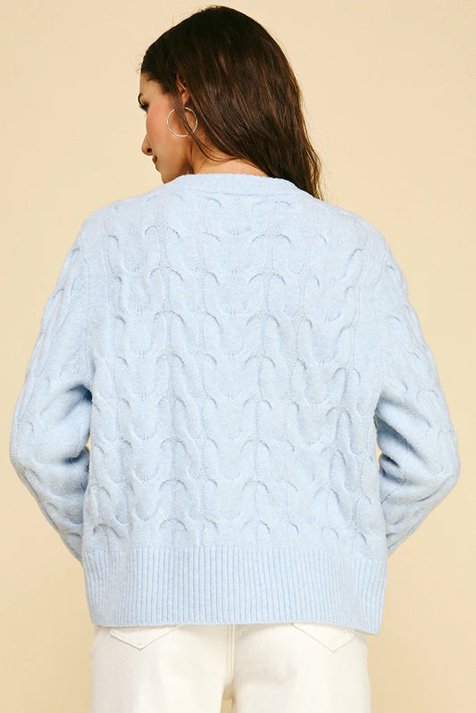 Cable Knit Crew Neck Sweater - Baby Blue