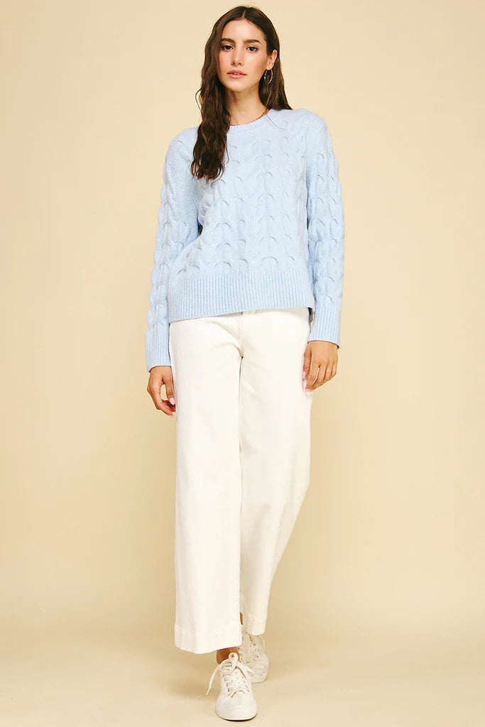 Cable Knit Crew Neck Sweater - Baby Blue