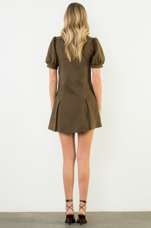 Suede Short Sleeve Dress - Olive