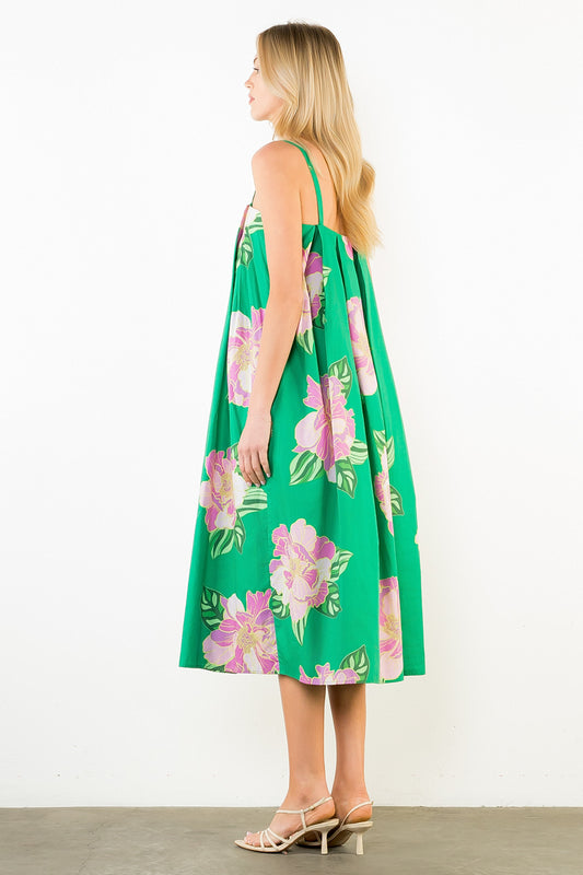 Thin Strap Floral Print Dress - Green