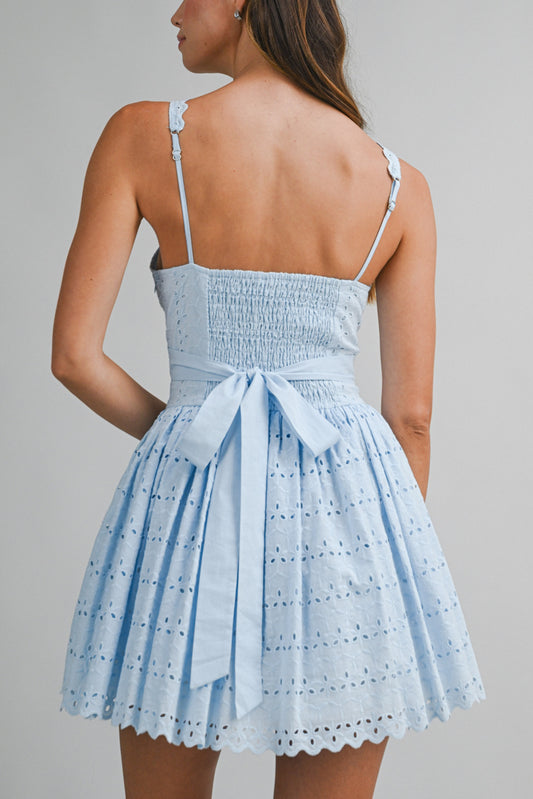Floral Eyelet Lace Square Neck Mini Dress - Blue
