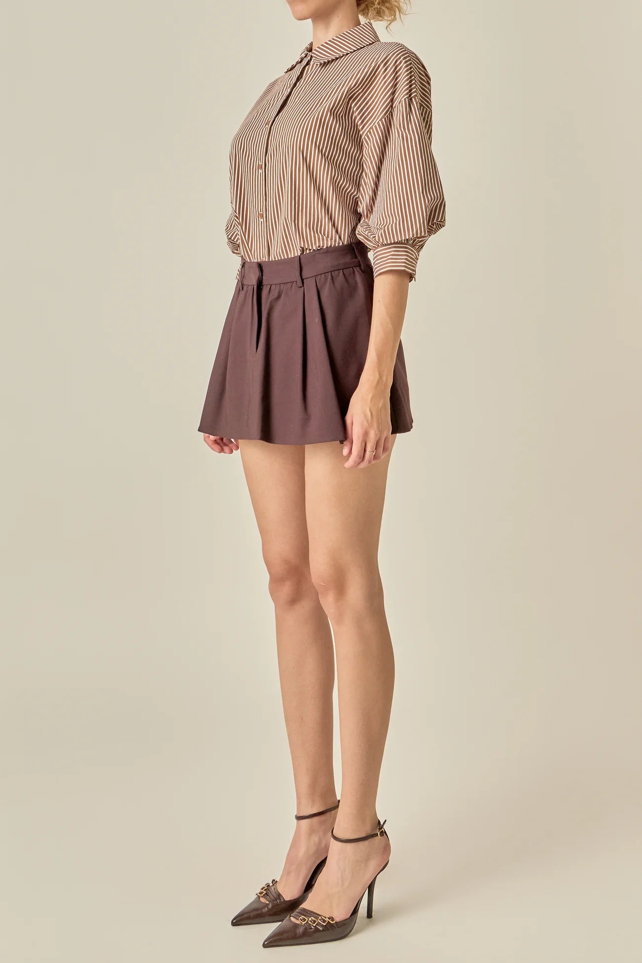 Striped Button-Up Puff Sleeve Shirt - Brown