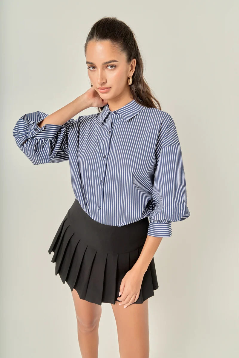 Striped Button-Up Puff Sleeve Shirt - Indigo