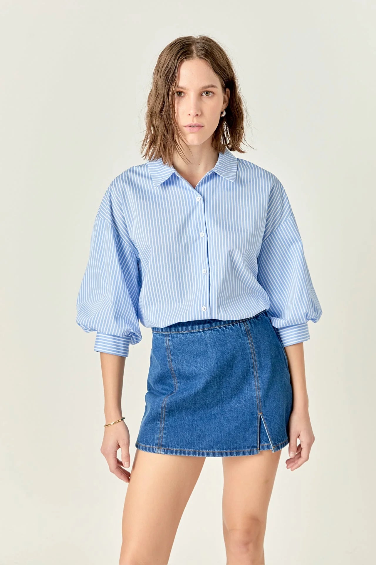 English Factory - Striped Balloon Sleeve Shirt - Powder Blue
