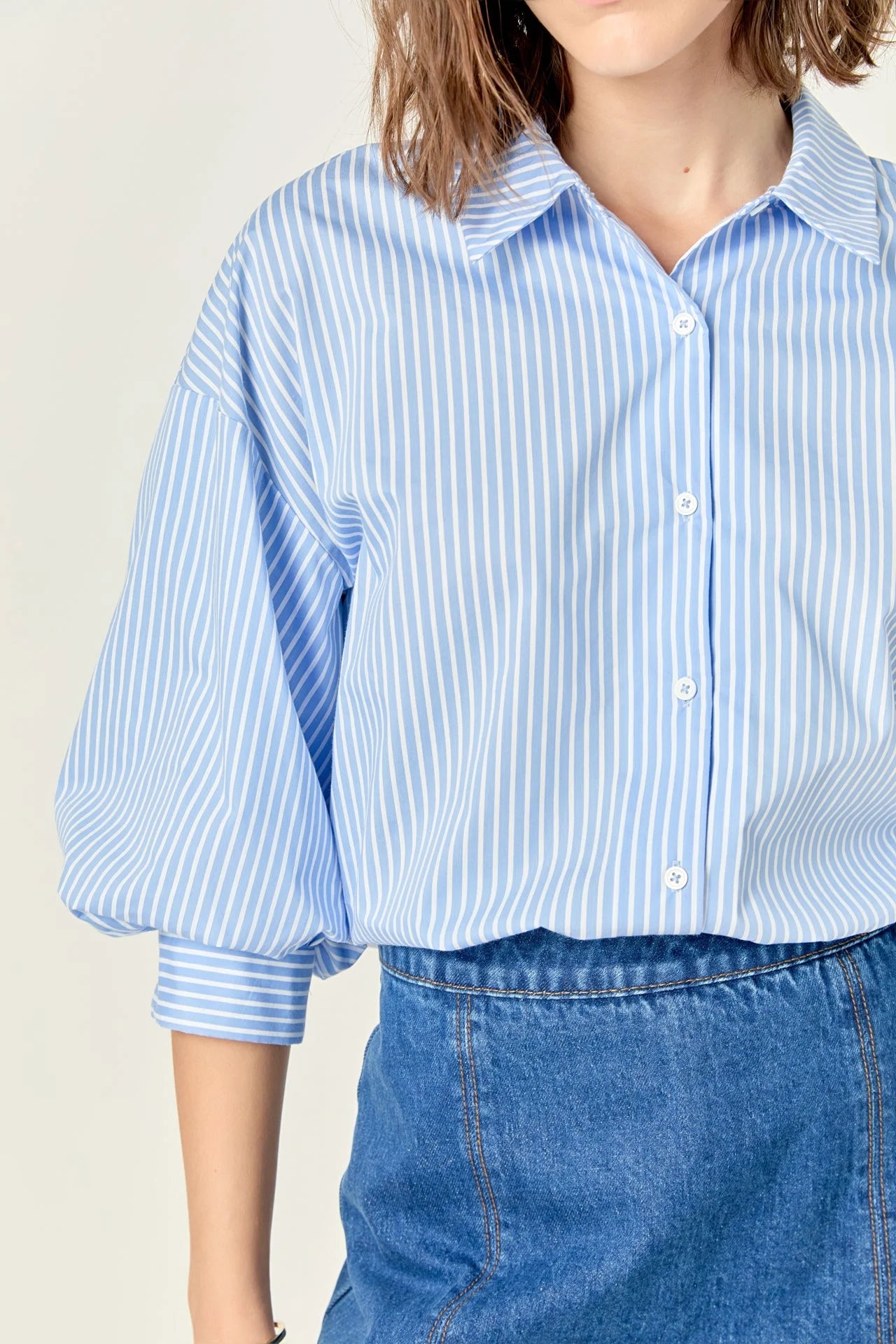 English Factory - Striped Balloon Sleeve Shirt - Powder Blue